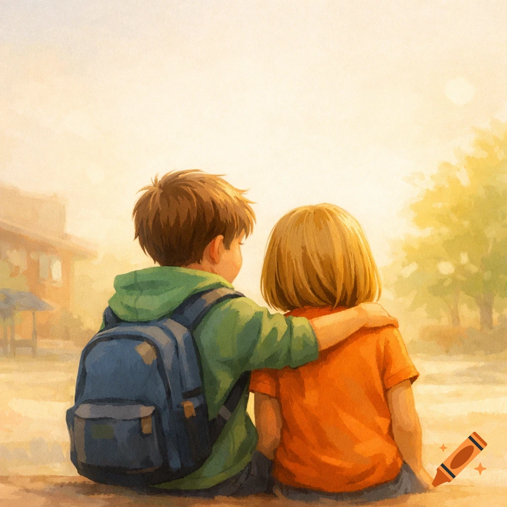 Children's book illustration of a boy with a backpack and a girl sitting with his arm around her in warm light.