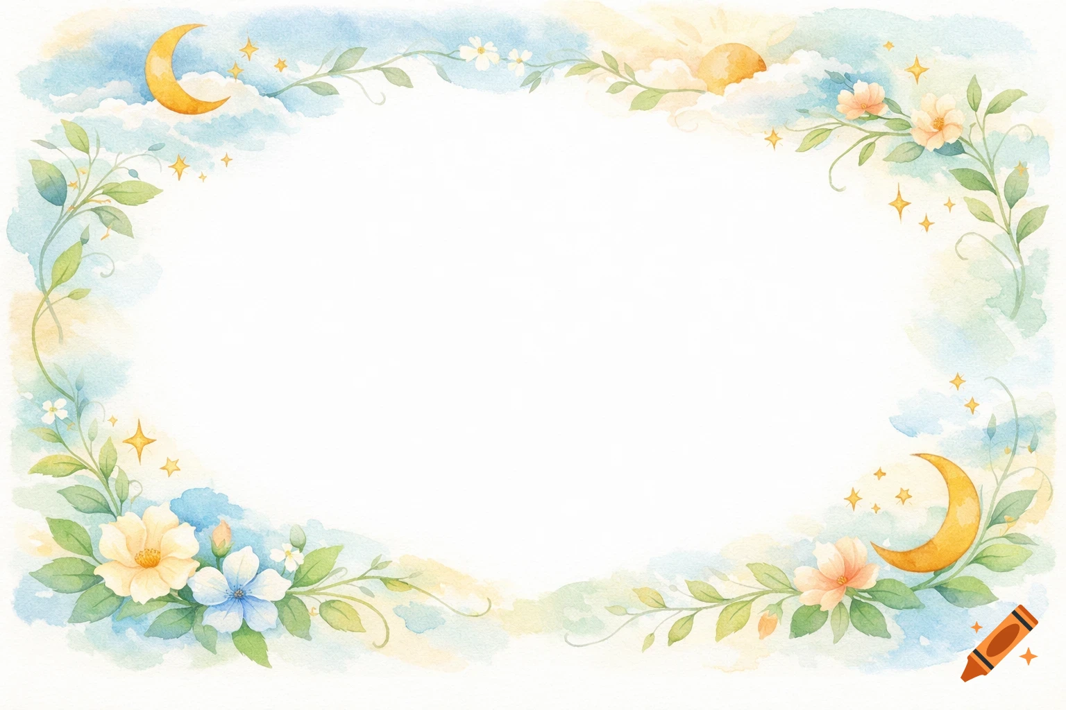 Watercolor oval frame with flowers, green leaves, crescent moons, sun, and stars on a blue and yellow sky background.