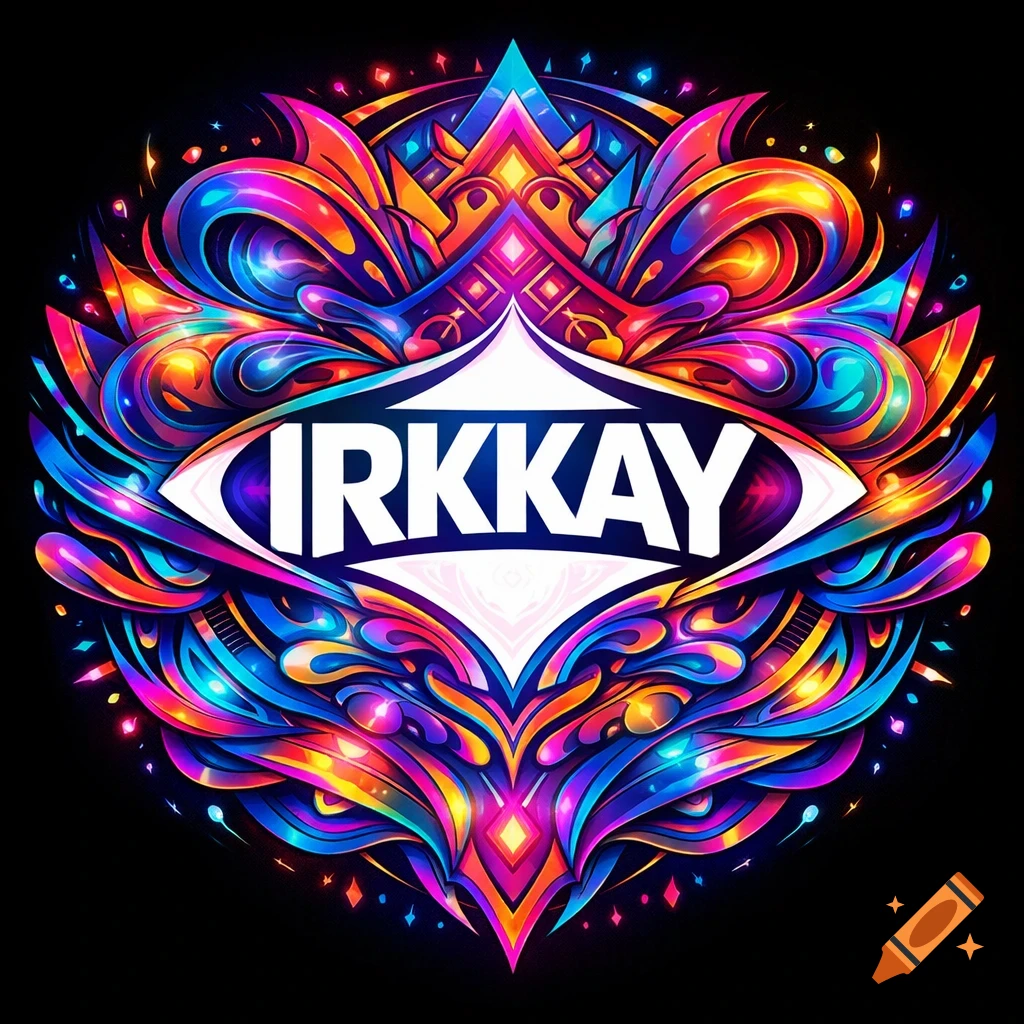 Vibrant psychedelic logo with swirling colorful patterns and the word IRKKAY in white at the center, on a black background.