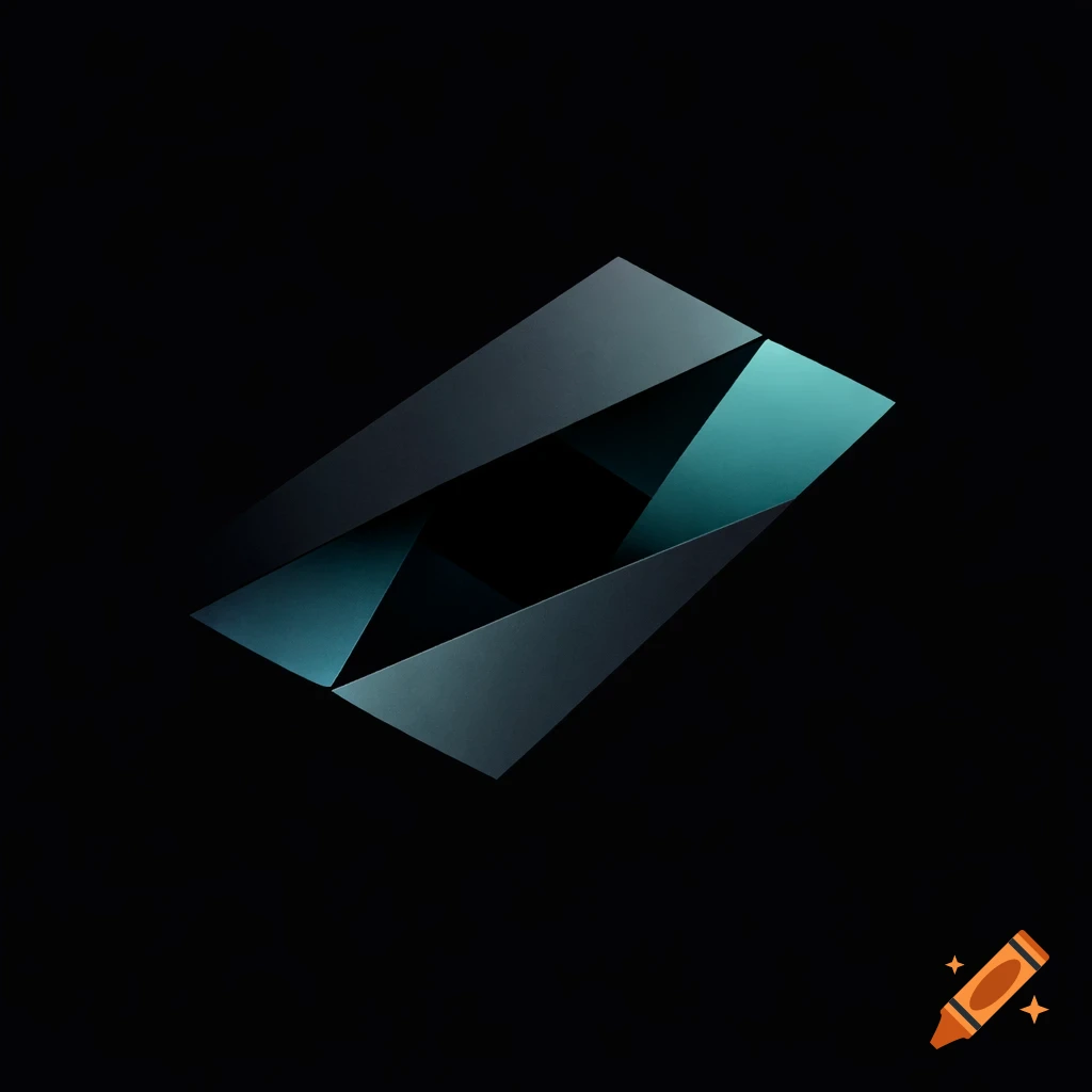 Abstract geometric logo featuring dark blue and teal angled shapes on a black background.
