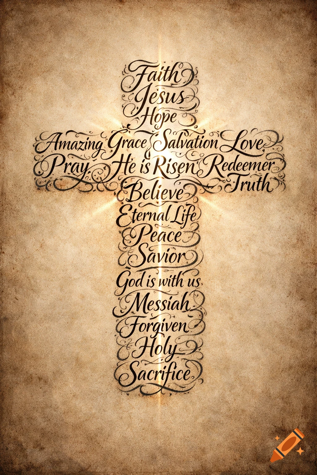 A cross formed by calligraphic religious words like Faith, Jesus, and Hope, on an aged parchment background.
