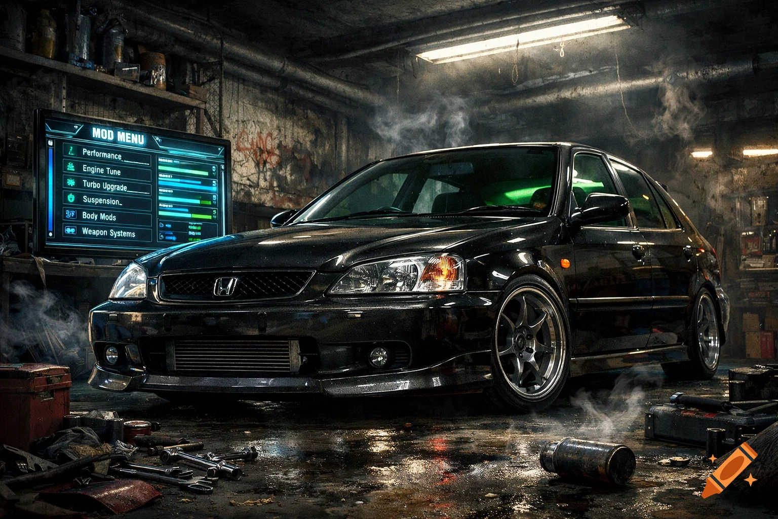 Photorealistic image of a black Honda Civic in a dark, gritty garage with a glowing "MOD MENU" screen and tools scattered on the wet floor.