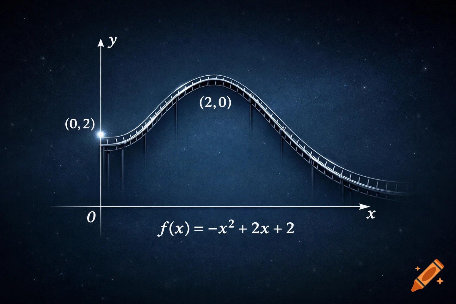 A roller coaster track forms a parabolic graph against a starry blue background. A coordinate system is overlaid with labels x, y, 0, (0, 2), (2, 0), and the function f(x) = -x² + 2x + 2.