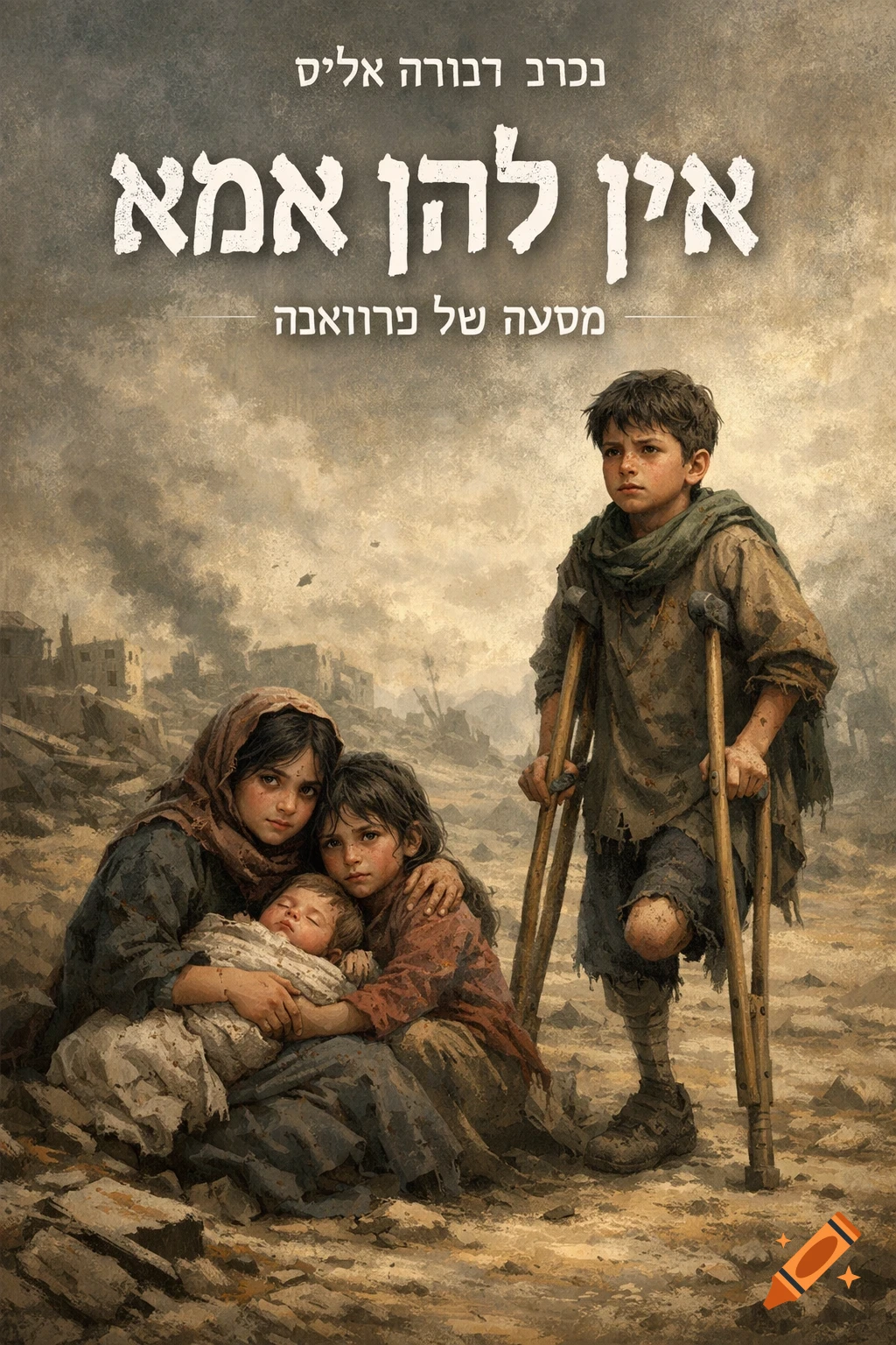 A somber, painterly book cover showing two girls and a baby huddled, and a boy with crutches, in a war-torn landscape. Hebrew text is visible.