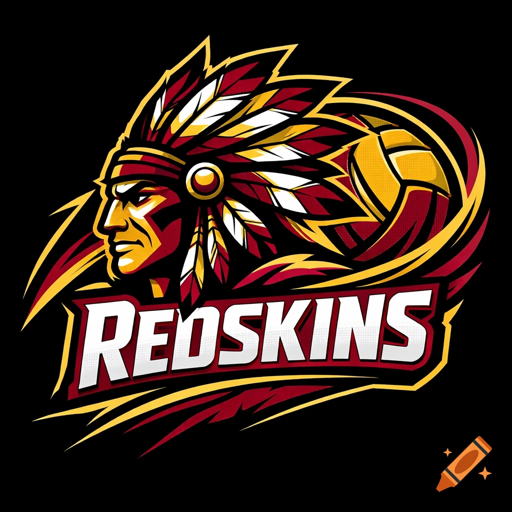 A vibrant logo featuring a stylized Native American chief in a feathered headdress, with the word 'REDSKINS' below, and a volleyball within a dynamic design, all in burgundy, gold, and white on a black background.
