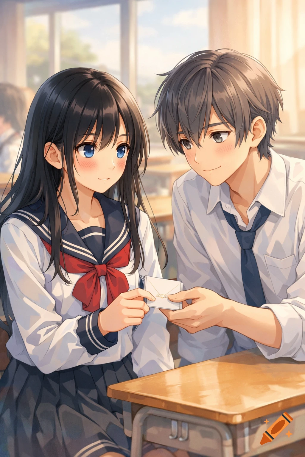 Anime-style depiction of a boy giving a note to a girl in a classroom, both looking shy.