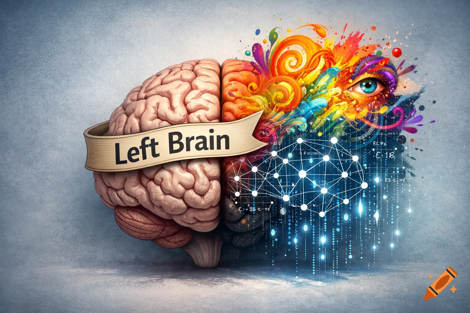 Conceptual art of a brain split into a realistic left side with 'Left Brain' banner and a colorful, digital right side.