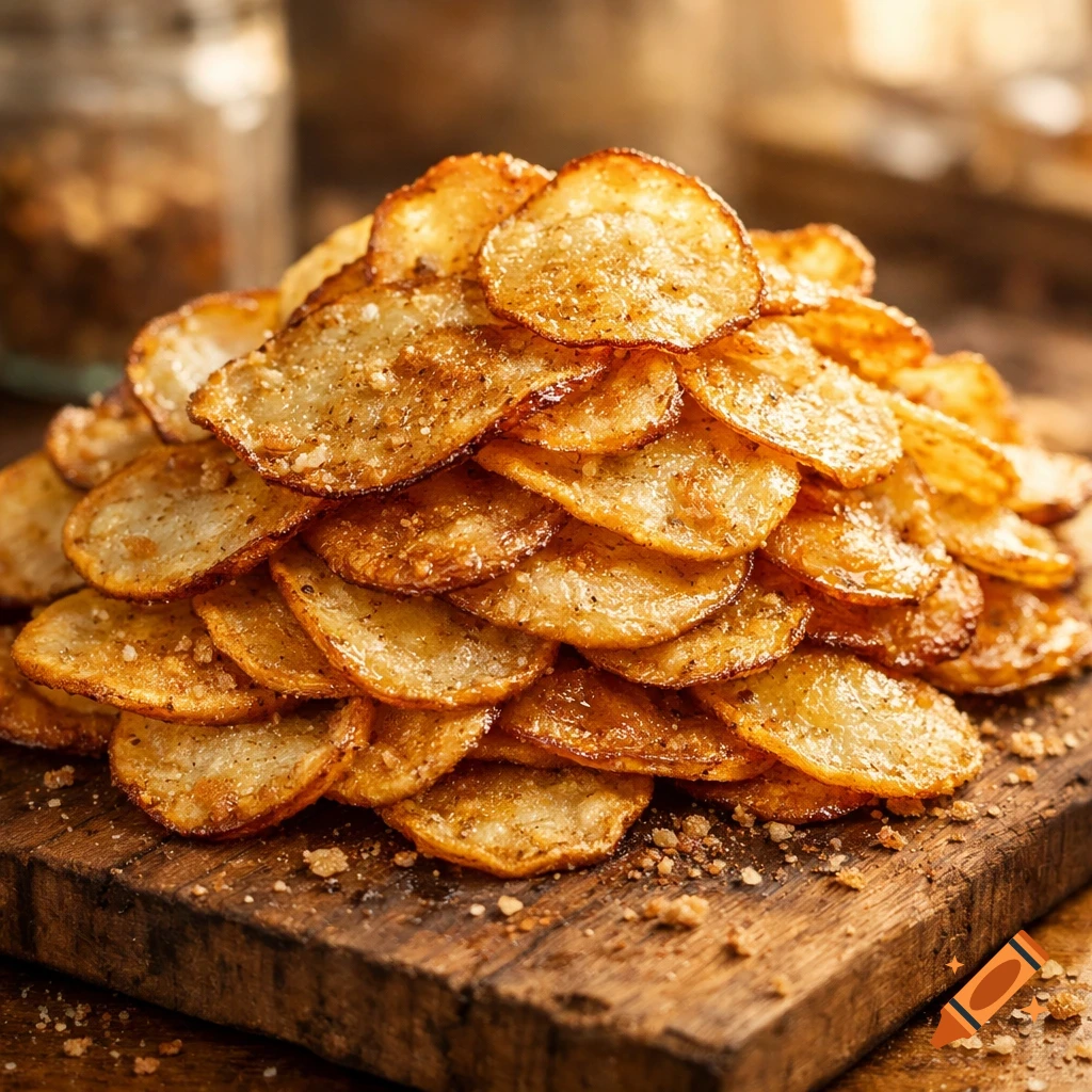 A close-up, photorealistic image of a large pile of crispy, golden, seasoned potato chips on a wooden board.