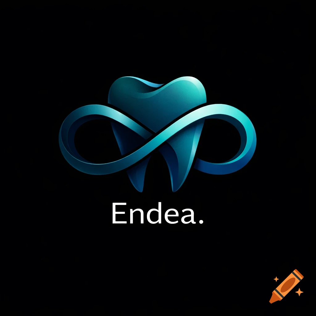 A professional minimalist logo of a blue-green tooth intertwined with an infinity symbol, with the word Endea. below it on a black background.