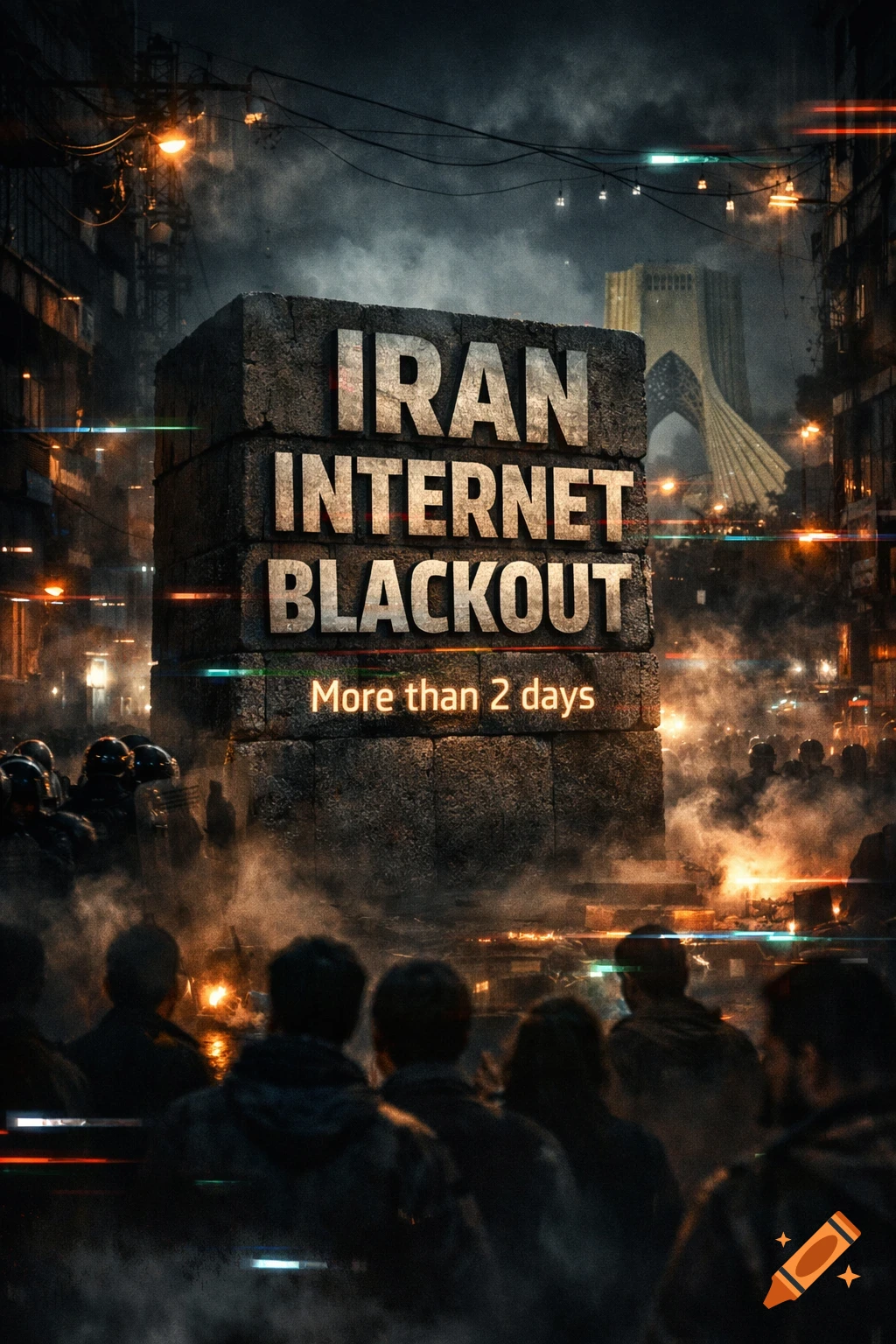 A stone monument in a dark, smoky Tehran street reads "IRAN INTERNET BLACKOUT More than 2 days", with a crowd, riot police, and Freedom Square in the background.