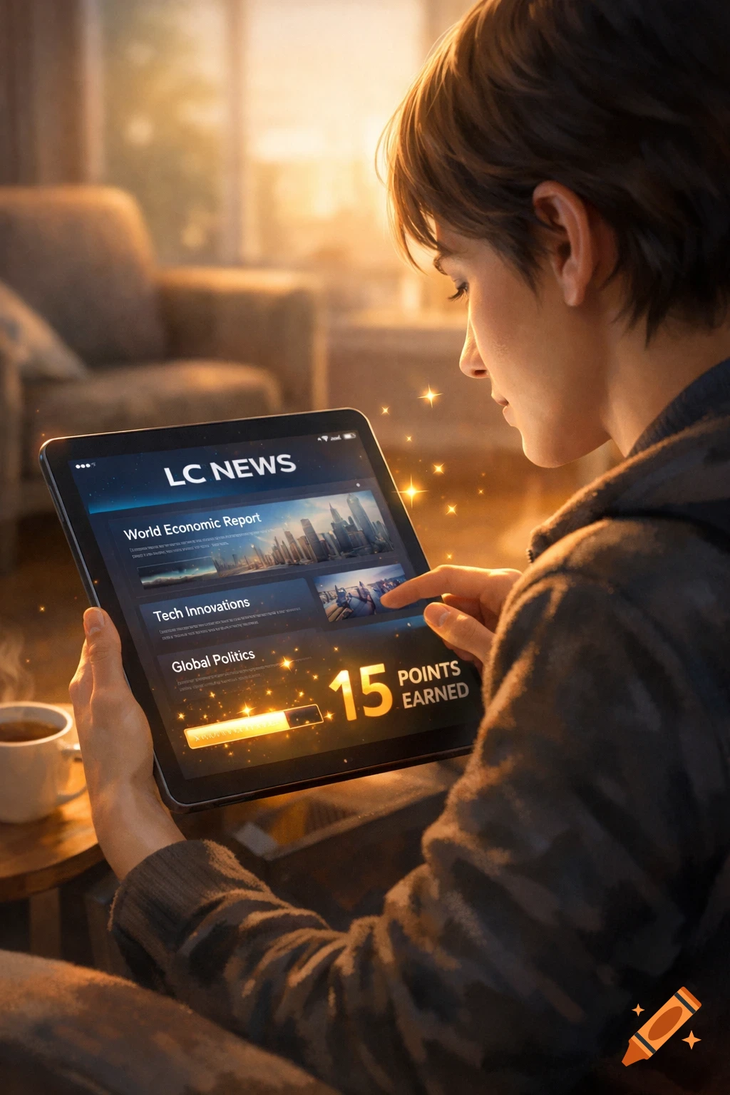 A person views a 'LC NEWS' app on a tablet, showing '15 POINTS EARNED' with a progress bar, in a cozy, sunlit room.