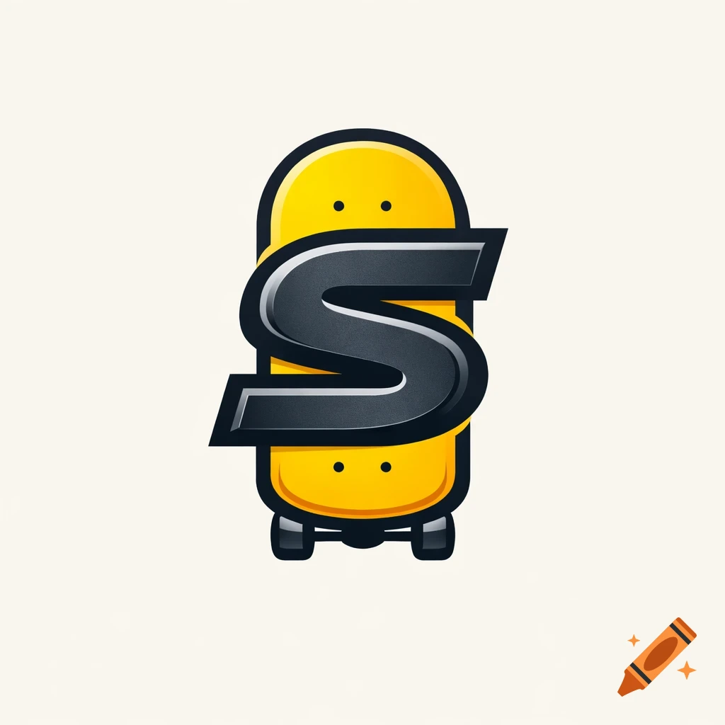 A glossy black letter S logo over a yellow skateboard, depicted in a clean, minimalist style.