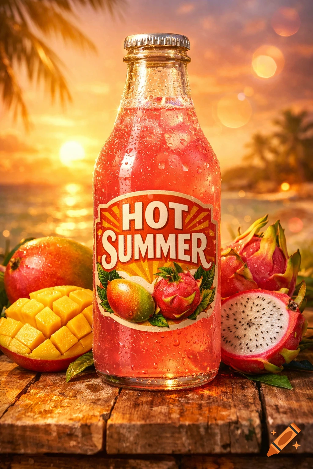 A chilled bottle of 'HOT SUMMER' drink with mangoes and dragon fruit on a wooden table at sunset on a tropical beach.