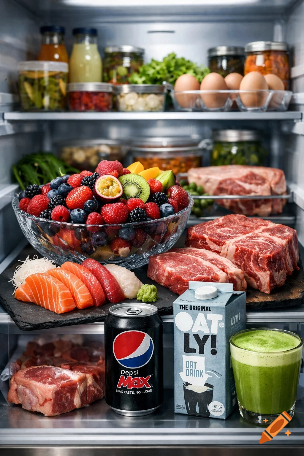 A brightly lit refrigerator stocked with fresh berries, kiwi, sashimi, cuts of raw meat, Pepsi Max, an Oatly carton, and a green drink.