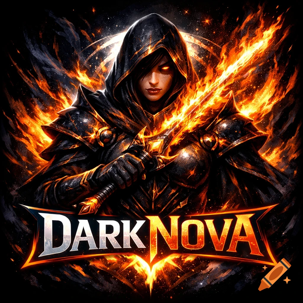 A hooded warrior woman with glowing eyes holds a flaming sword amidst fire and smoke, with "DARK NOVA" logo below, in a dark fantasy art style.