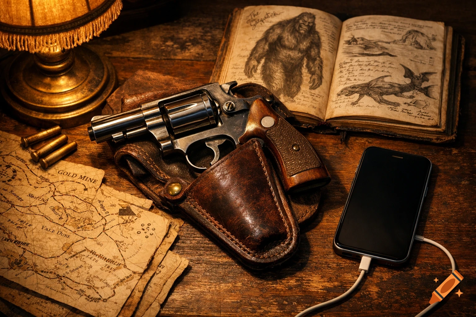 A .38 revolver in a holster on a rustic desk with gold prospector maps, a cryptid diary, a table lamp, and an iPhone.