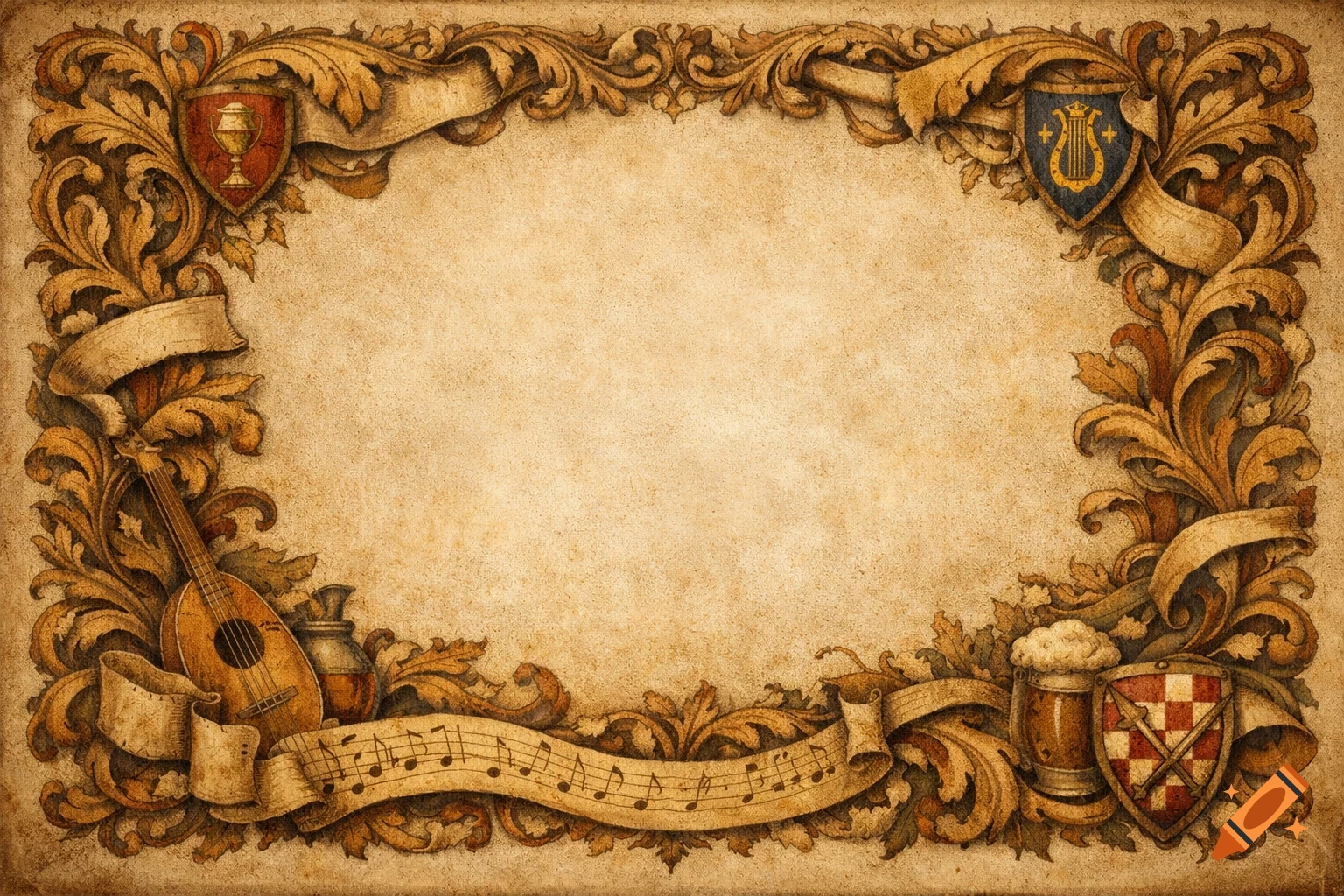 Ornate vintage frame with Renaissance motifs, a lute, beer stein, musical notes, and heraldic shields on aged paper.