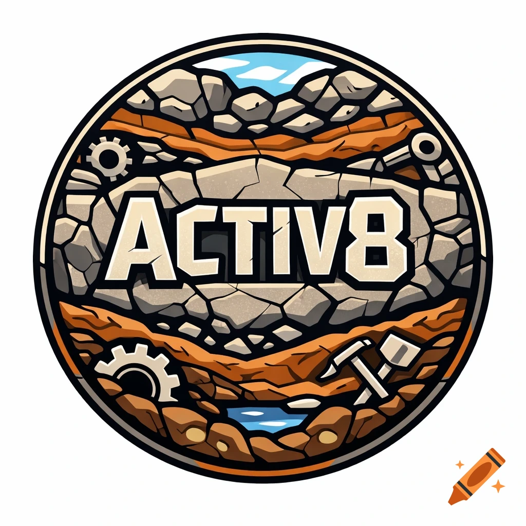 A circular vector logo for ACTIV8 with an unearthed, rocky theme, featuring gears, a pickaxe, and layered stone textures.
