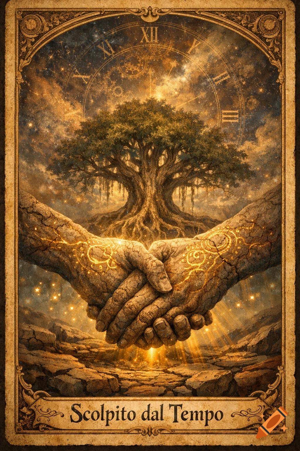 Mystical tarot card art with clasped, textured hands, a tree of life, starry clock, and 'Scolpito dal Tempo' title.