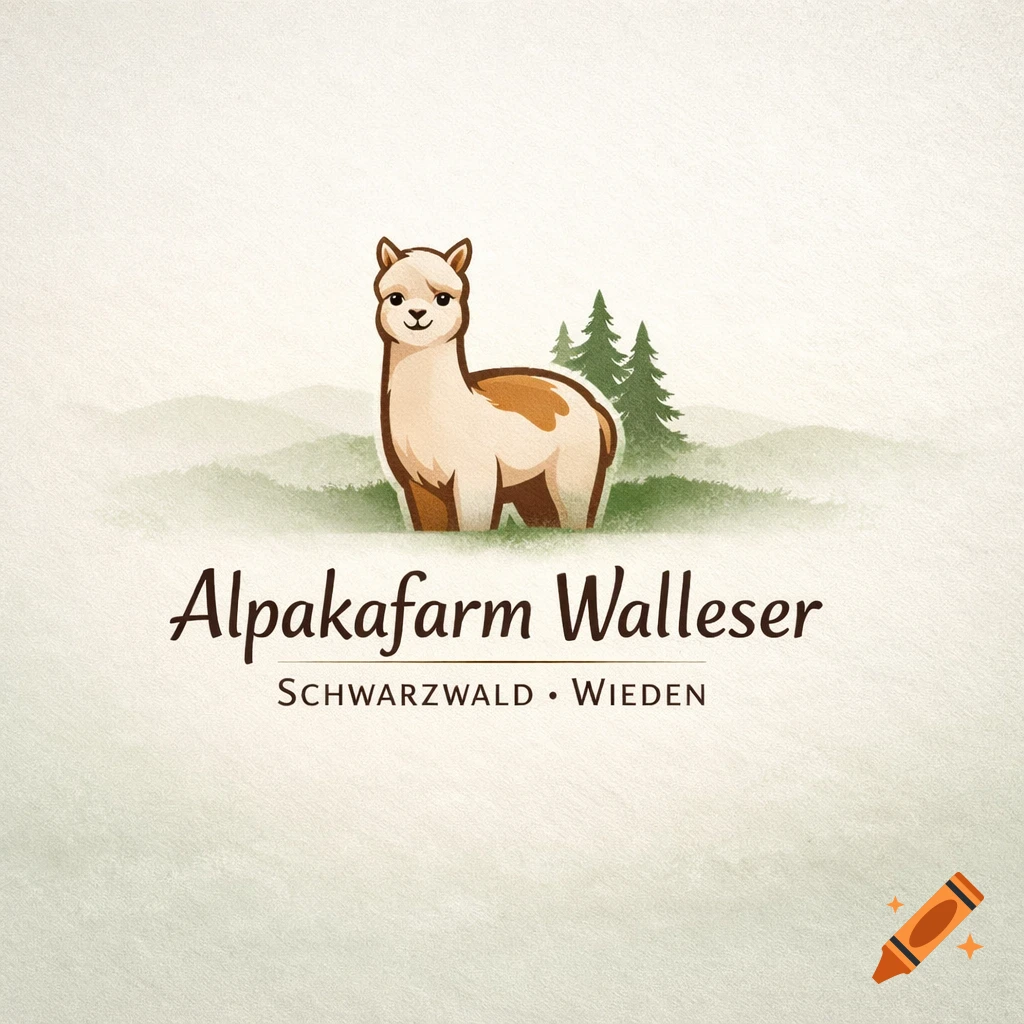 A stylized logo featuring a light brown alpaca with a friendly face, standing in a misty green landscape with pine trees. Text reads "Alpakafarm Walleser SCHWARZWALD  WIEDEN".