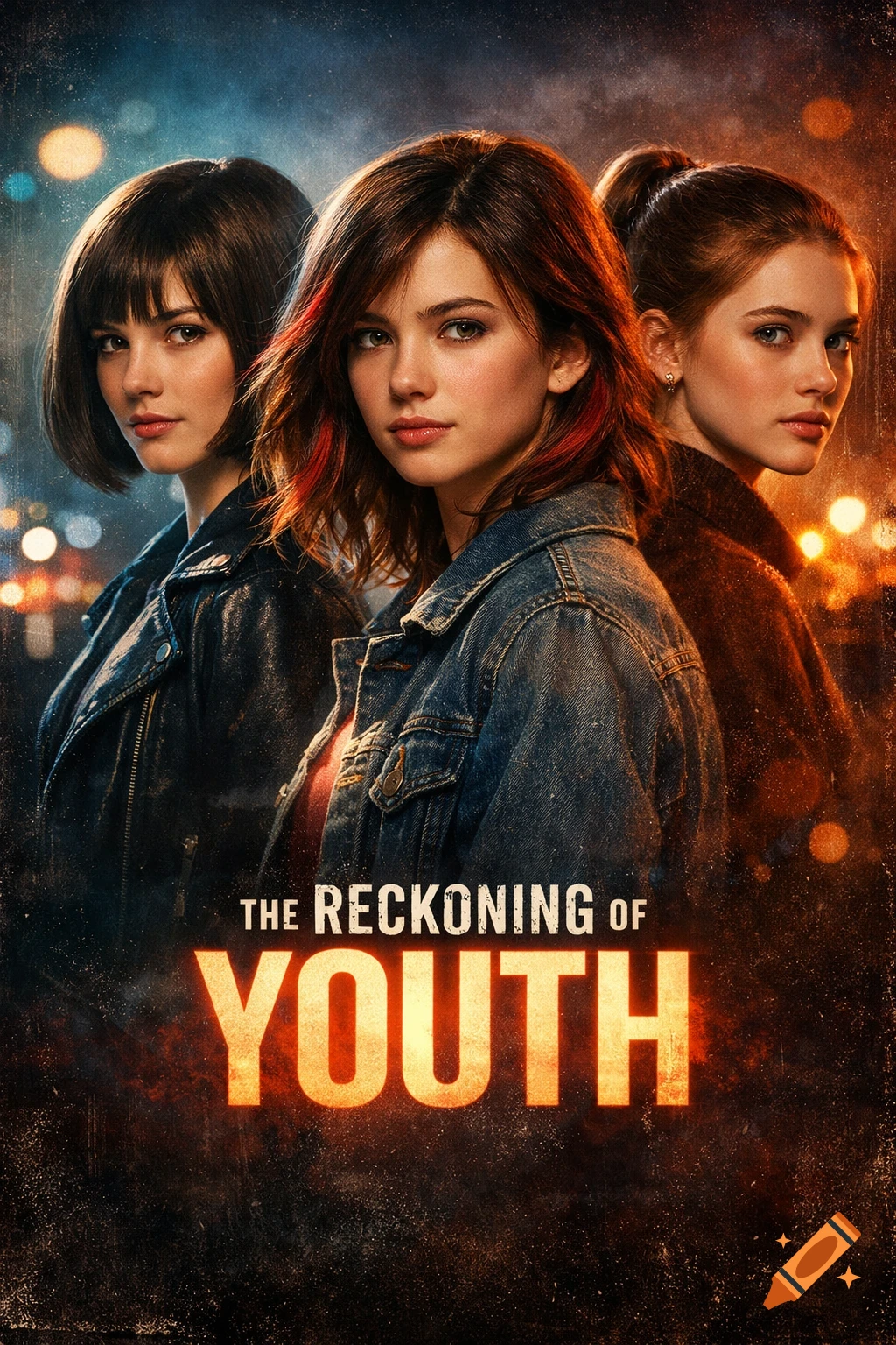 Dramatic movie poster with three young women, one with a bob, one with red-streaked hair, and one with a ponytail, against a bokeh city background. Title: THE RECKONING OF YOUTH.