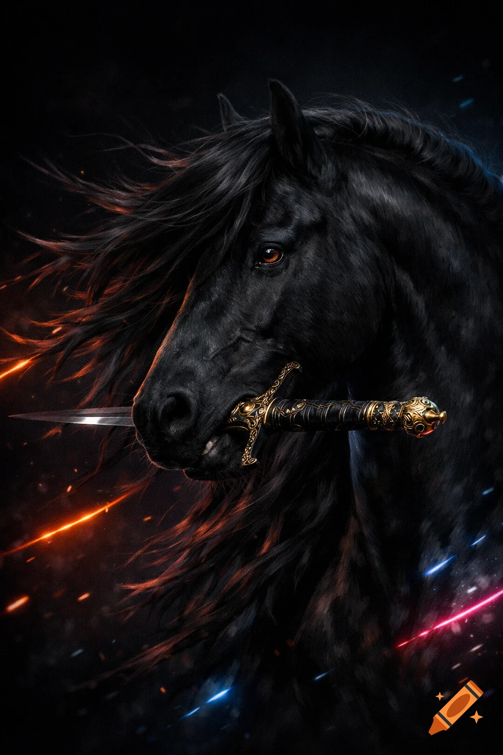 A majestic black horse with a flowing mane holds a golden sword in its mouth, set against a dark background with glowing orange and blue streaks.