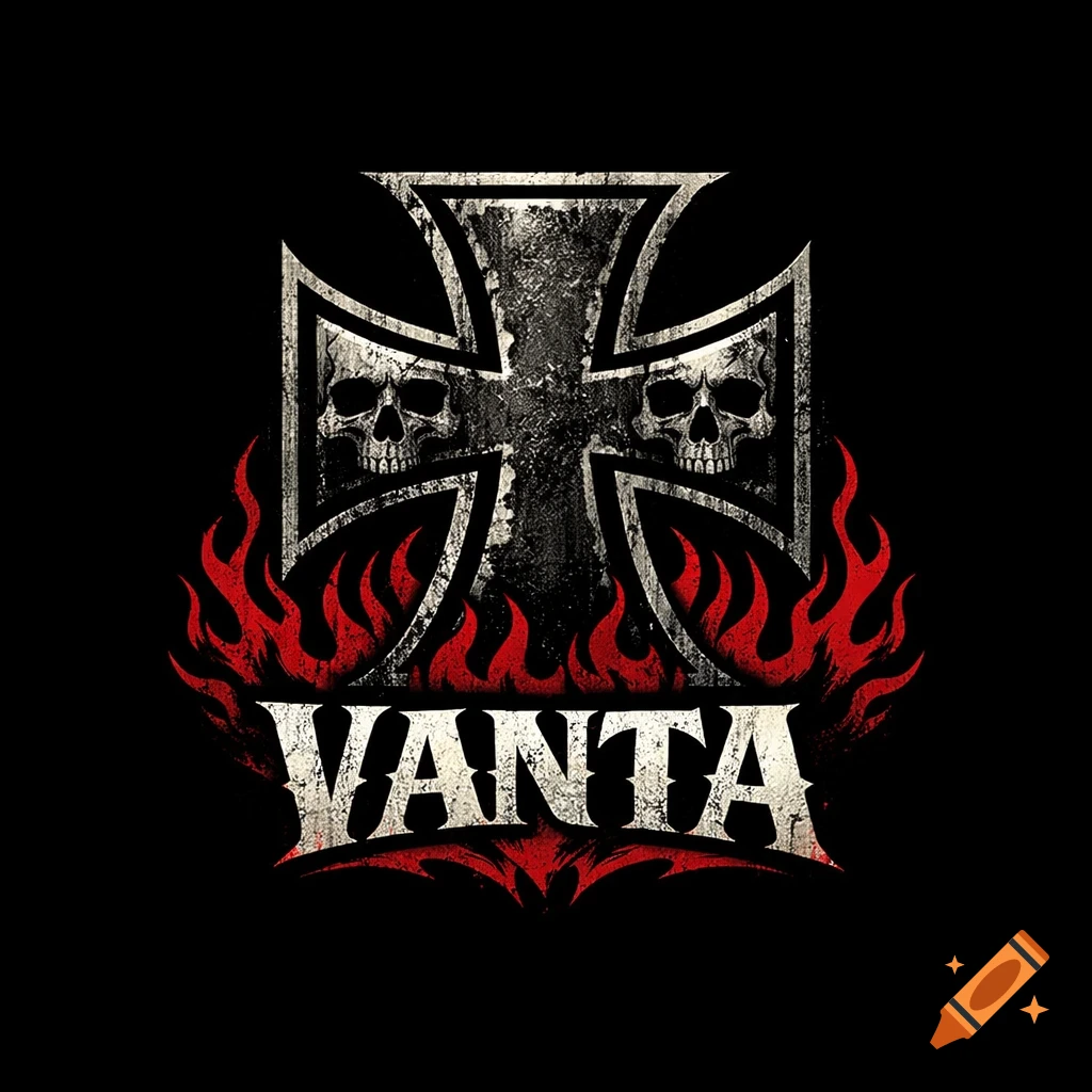Aggressive biker logo featuring a weathered Iron Cross with skulls and red flames, and the word VANTA.
