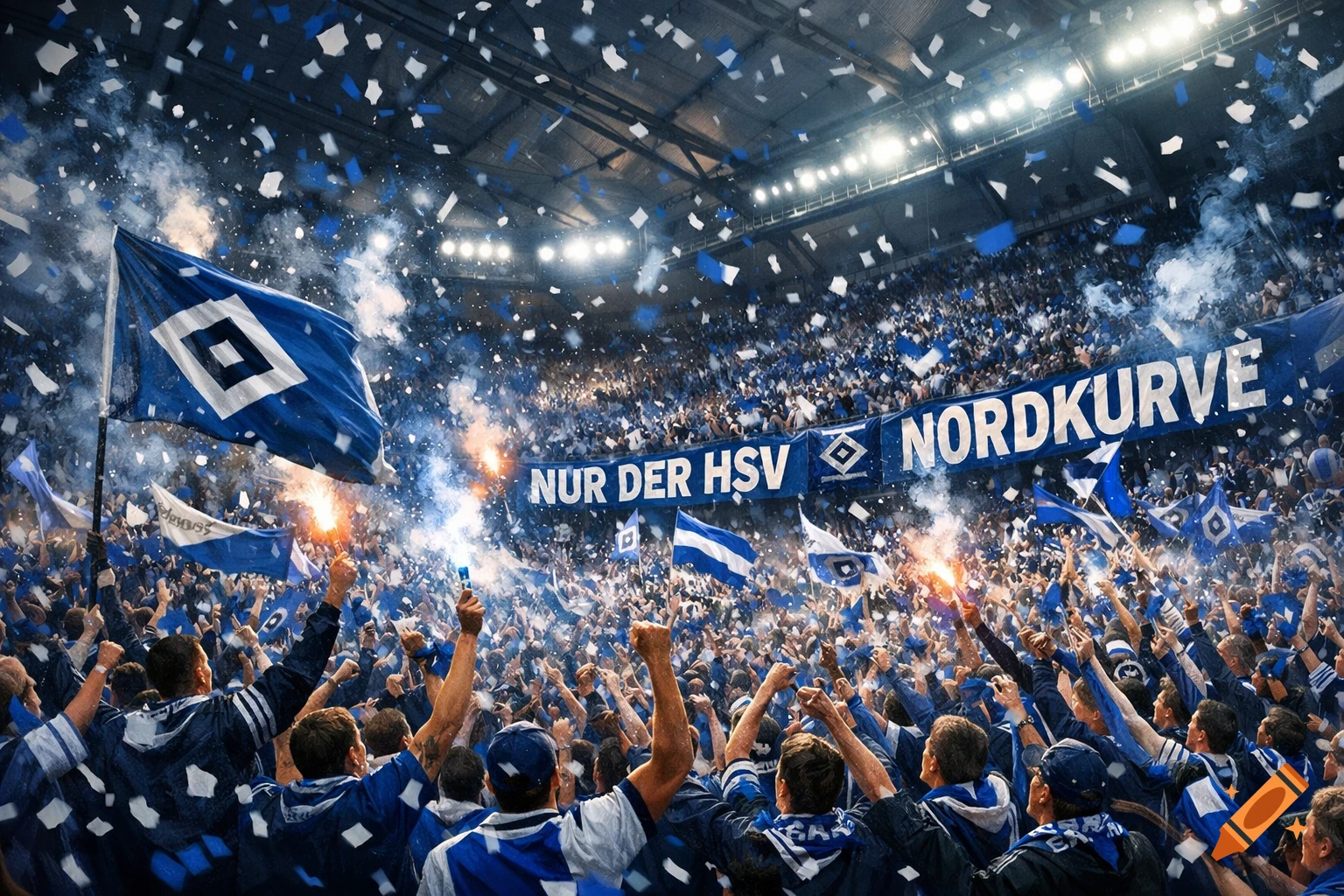 A large crowd of football fans in a stadium celebrating with blue and white flags, flares, and confetti.