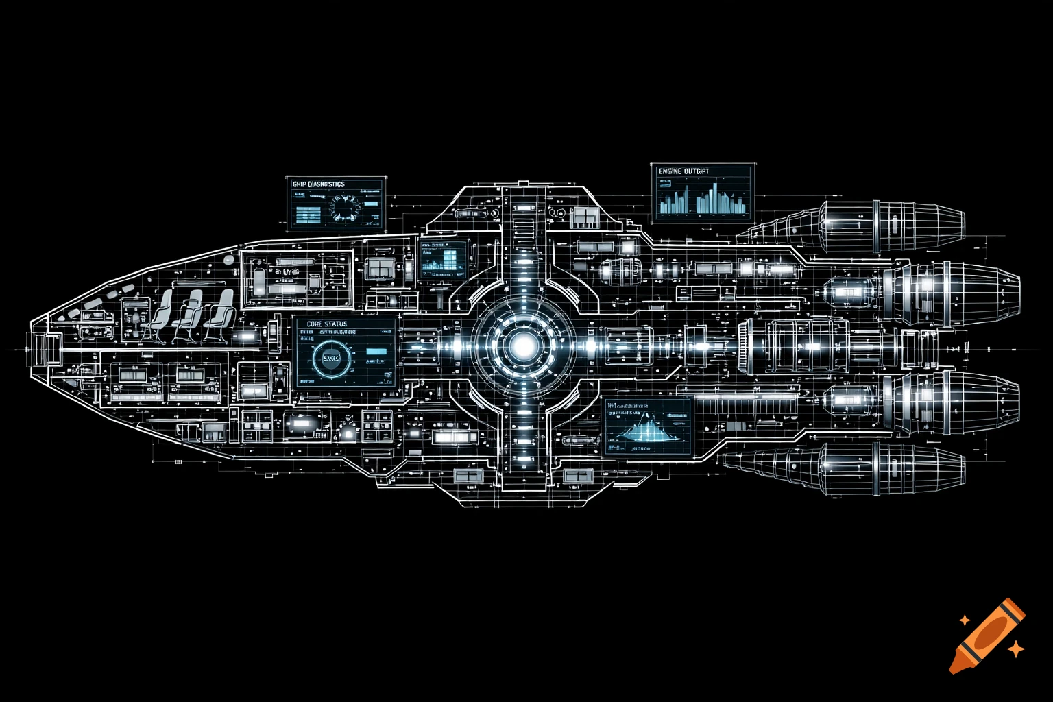 A detailed white line blueprint diagram of a spaceship with glowing blue accents on a black background.
