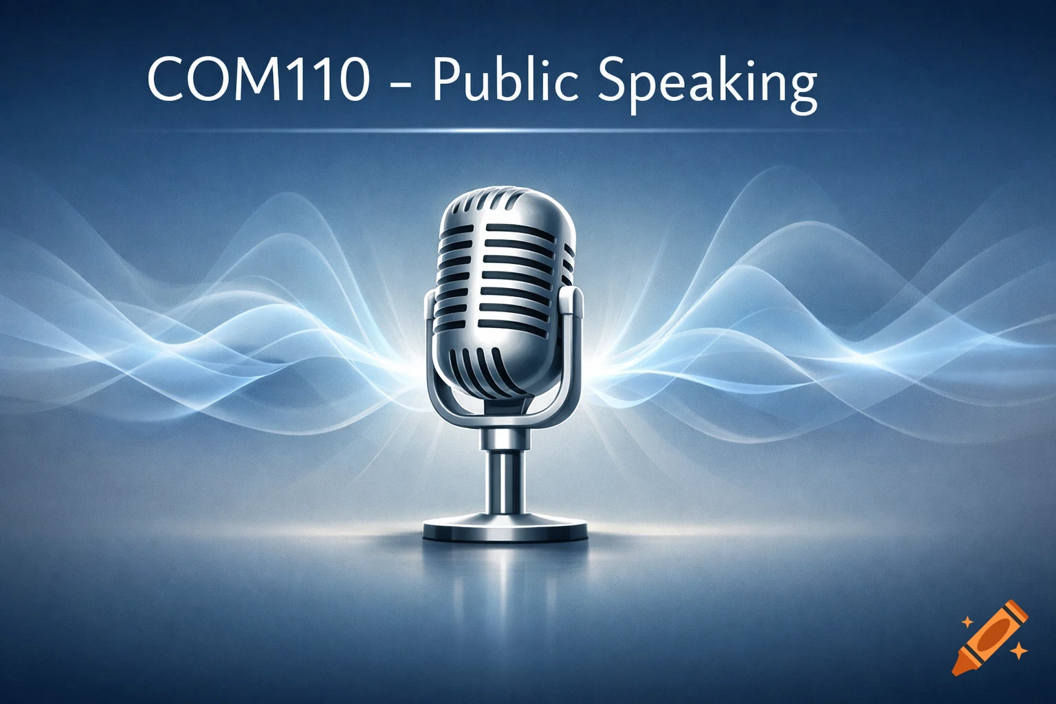 A silver microphone on a stand with glowing blue abstract waves, above which is the text 'COM110 - Public Speaking'.