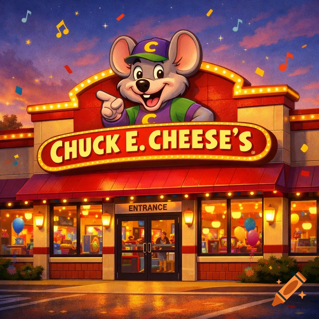 Colorful illustration of a Chuck E. Cheese's pizzeria at dusk, with the mascot on the main sign.