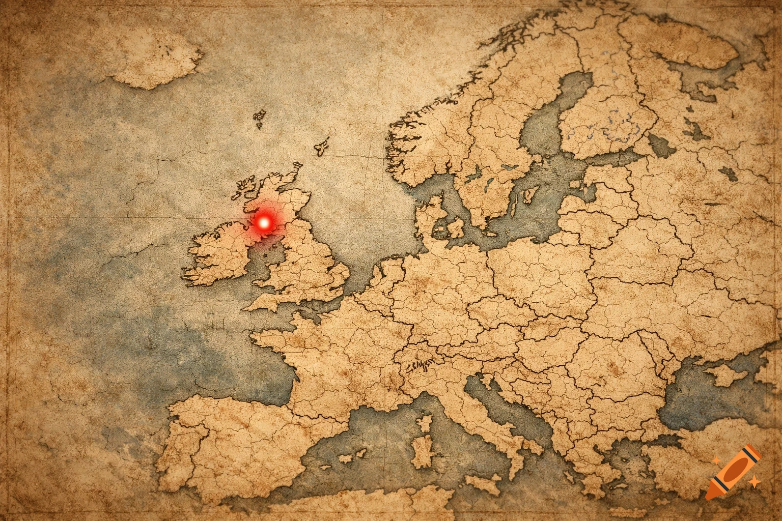 An aged, antique-style map of Europe with a glowing red marker over Glasgow, Scotland.