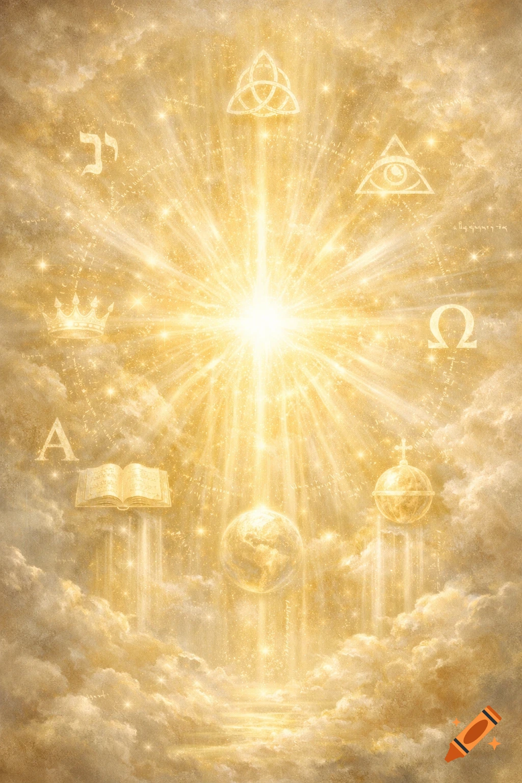 A glowing golden light emanates from the center, surrounded by clouds and various religious and spiritual symbols like a crown, open book, Alpha and Omega, a triquetra, and the Eye of Providence.