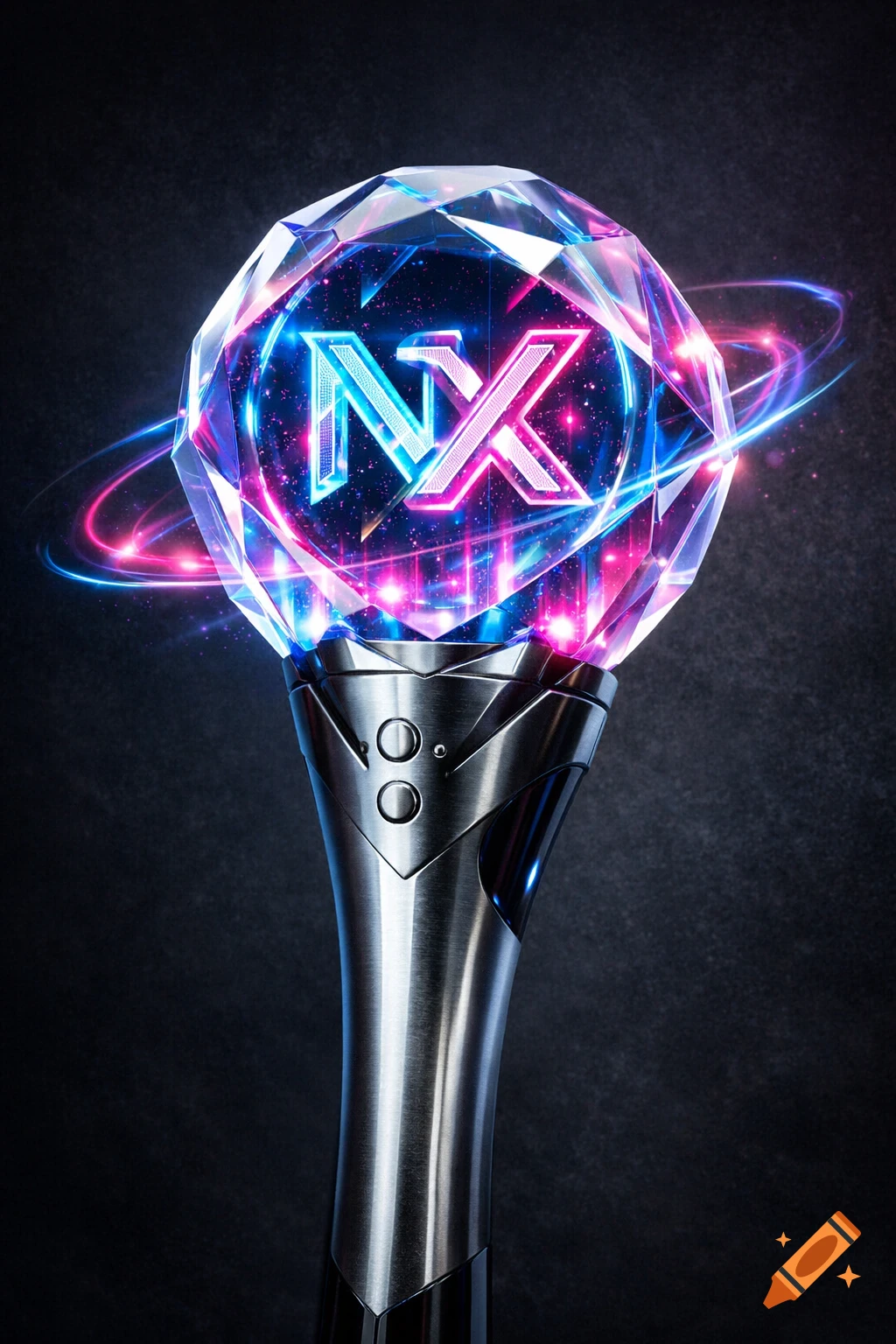 A glowing, faceted crystal lightstick with neon blue and pink 'NX' letters, surrounded by light trails, on a metallic handle.