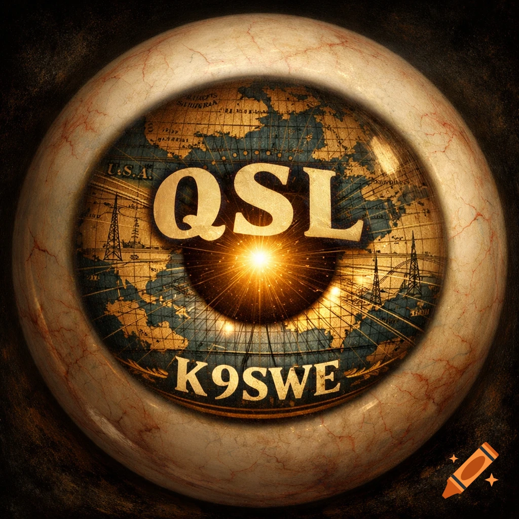 An eyeball with a globe as the iris, featuring a map, radio towers, a shining light, and the text "QSL" and "K9SWE".