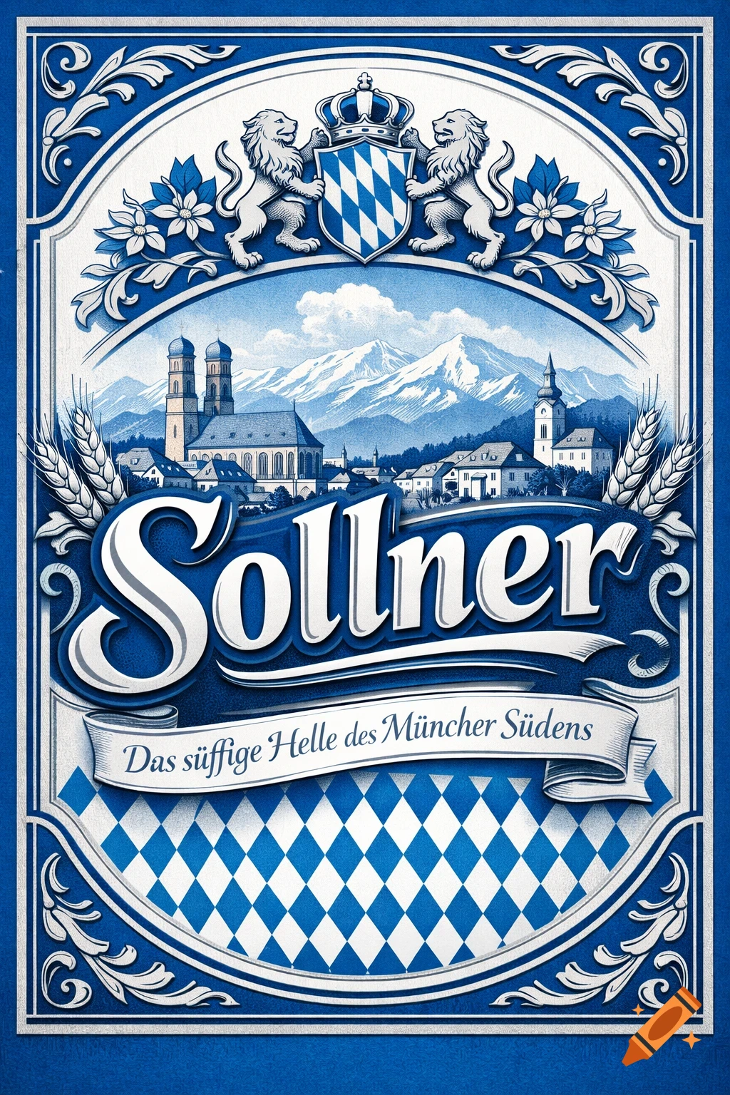 A blue and white beer label for 'Sollner', featuring a Bavarian landscape with mountains and architecture, framed by heraldic lions and wheat.
