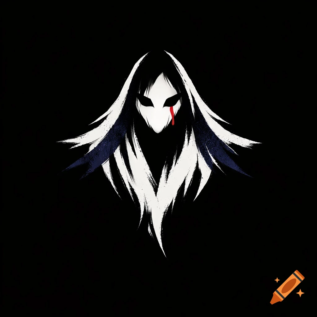 Stylized black and white illustration of a mask-like face with long hair and a red tear on a black background.