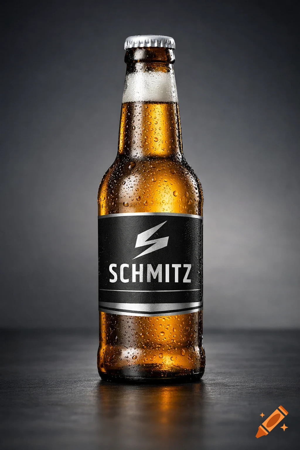 A photorealistic cold beer bottle with condensation, featuring a black 'SCHMITZ' label, against a dark background.