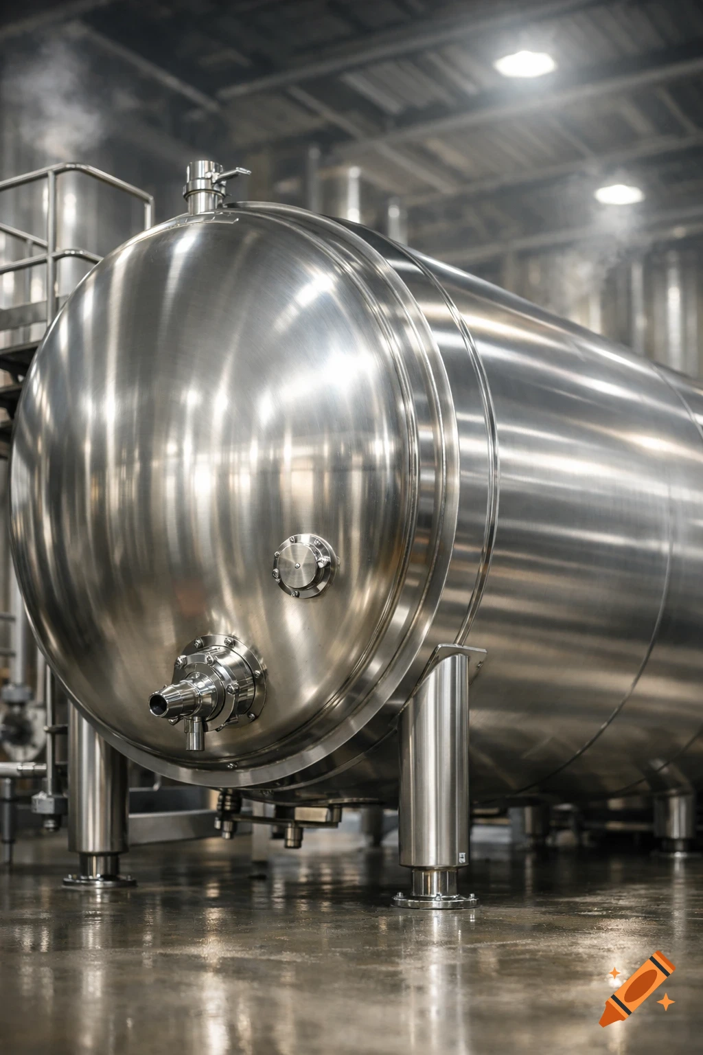 Large, shiny metal industrial tank with pipes and valves, reflecting light on a wet factory floor, photorealistic.