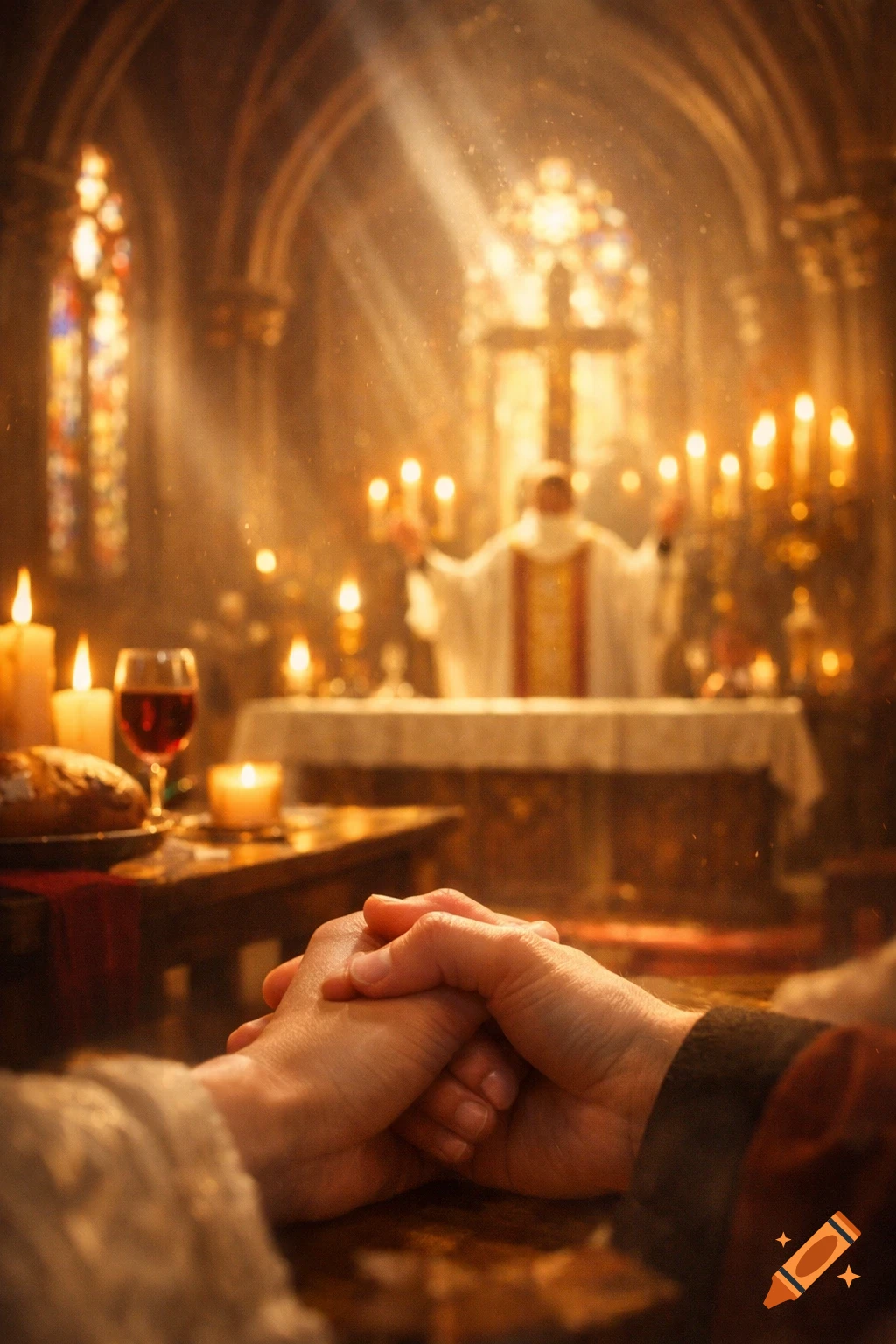 A close-up of two people holding hands in a warmly lit church during a ceremony, with a blurred priest and stained glass window in the background.