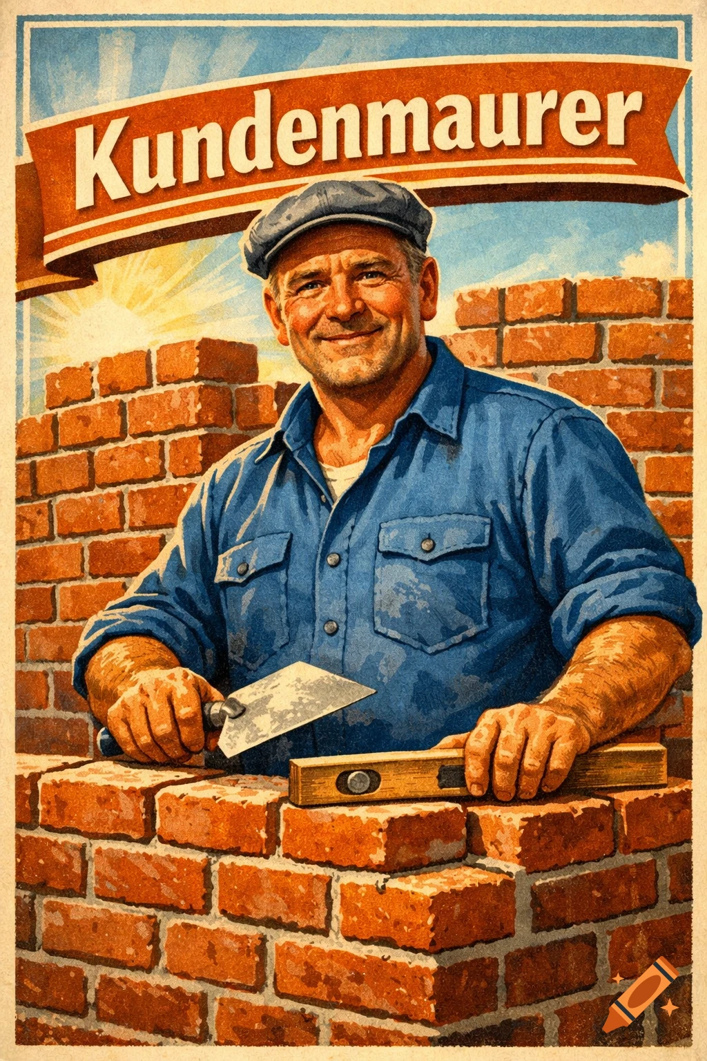 A smiling bricklayer in a blue shirt and cap stands behind a brick wall, holding a trowel and level, in a vintage poster style advertisement with "Kundenmaurer" on a banner.