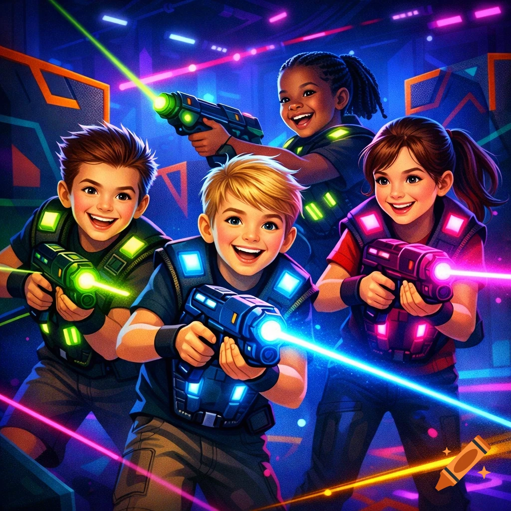 Four smiling children play laser tag with bright green, blue, and pink laser beams in a dark, neon-lit arena.
