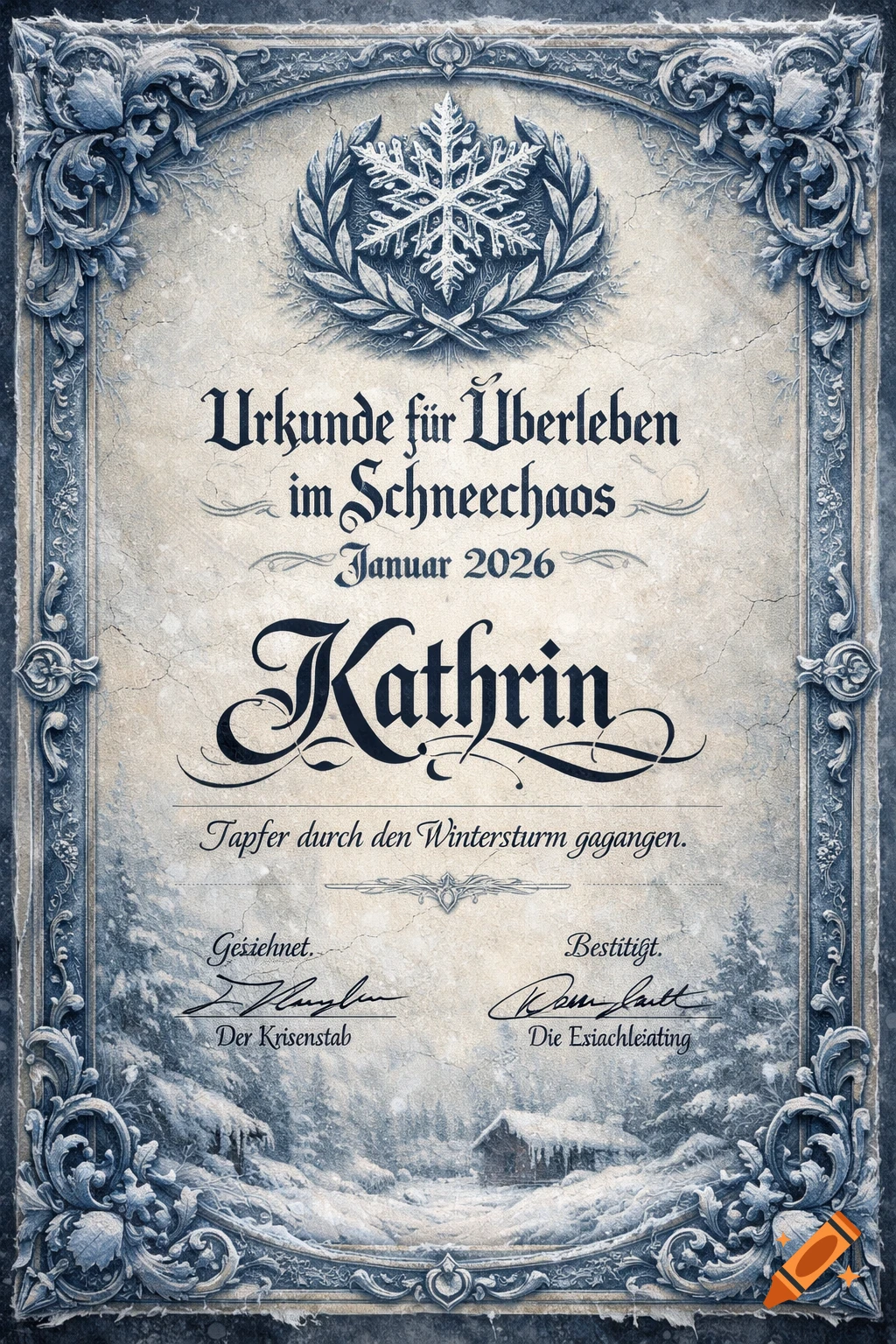 A decorative, vintage-style certificate with an ornate blue border, a central snowflake emblem, and text in German acknowledging 'survival in the snow chaos' for 'Kathrin' in 'January 2026'. A snowy landscape with a cabin is visible at the bottom.