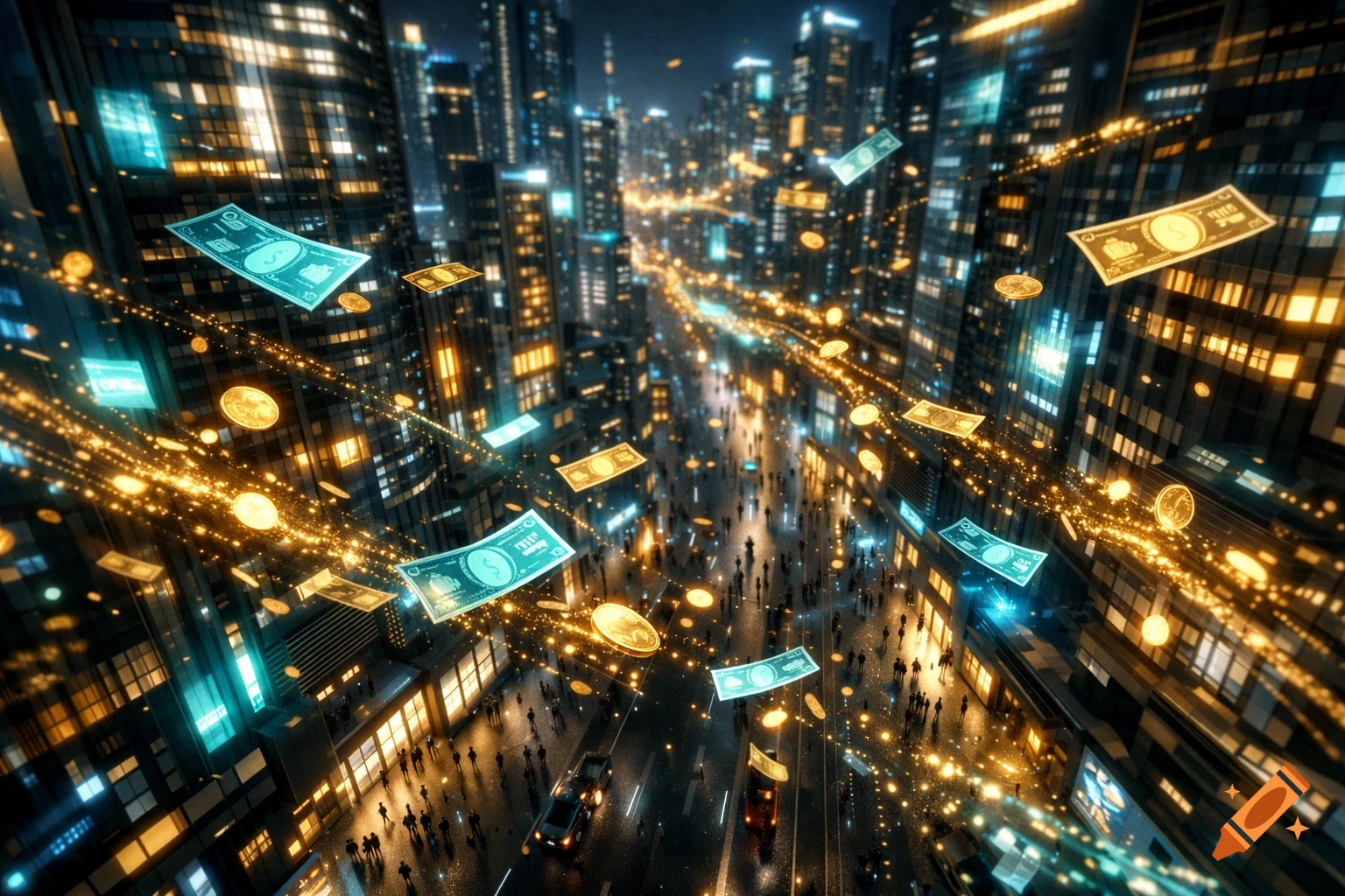 An aerial view of a futuristic city at night, with neon-lit buildings and streets filled with tiny silhouettes of people and cars. Glowing gold streams, coins, and bills float throughout the scene.