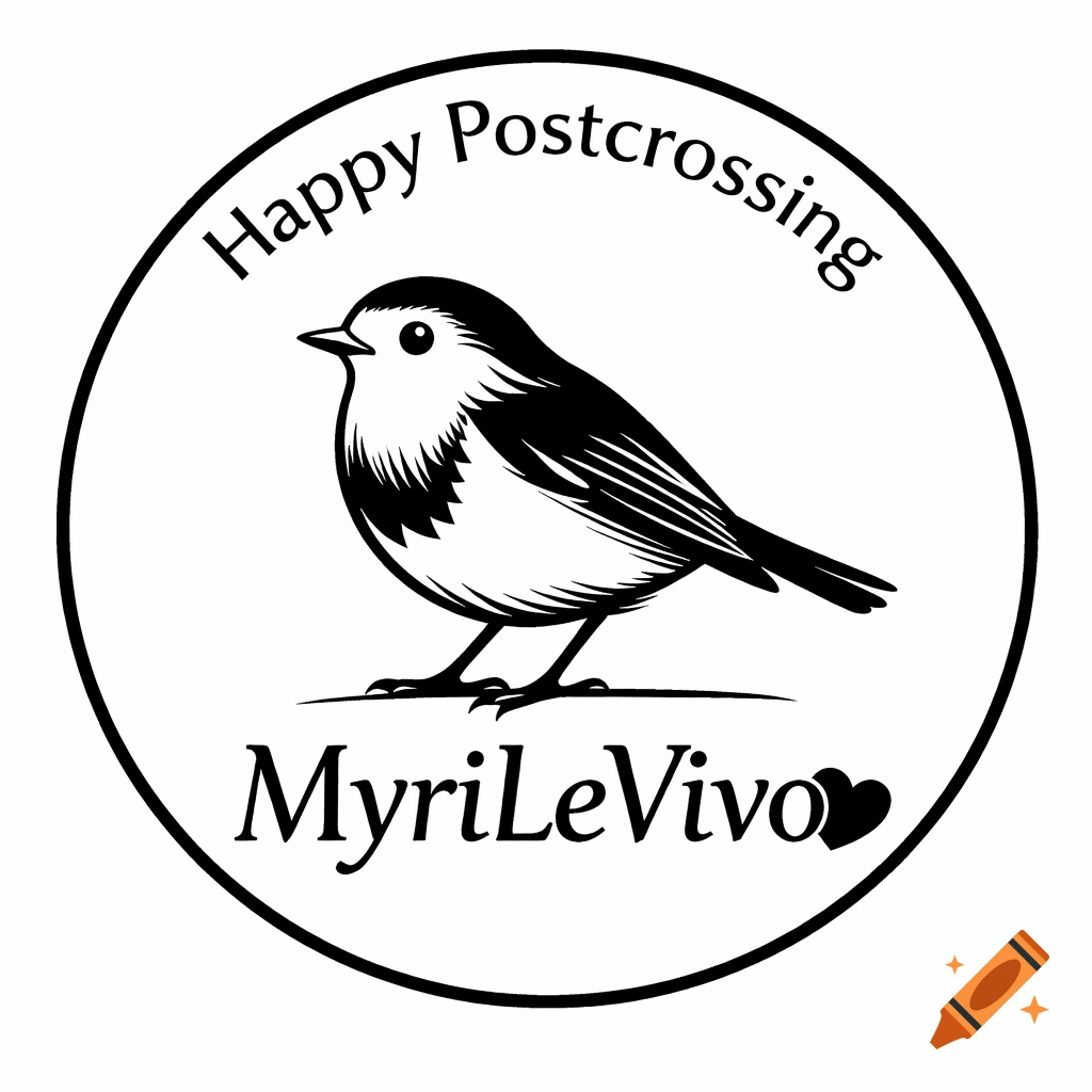 Black and white line art logo of a bird in a circle with "Happy Postcrossing" and "MyriLeVivo" text.