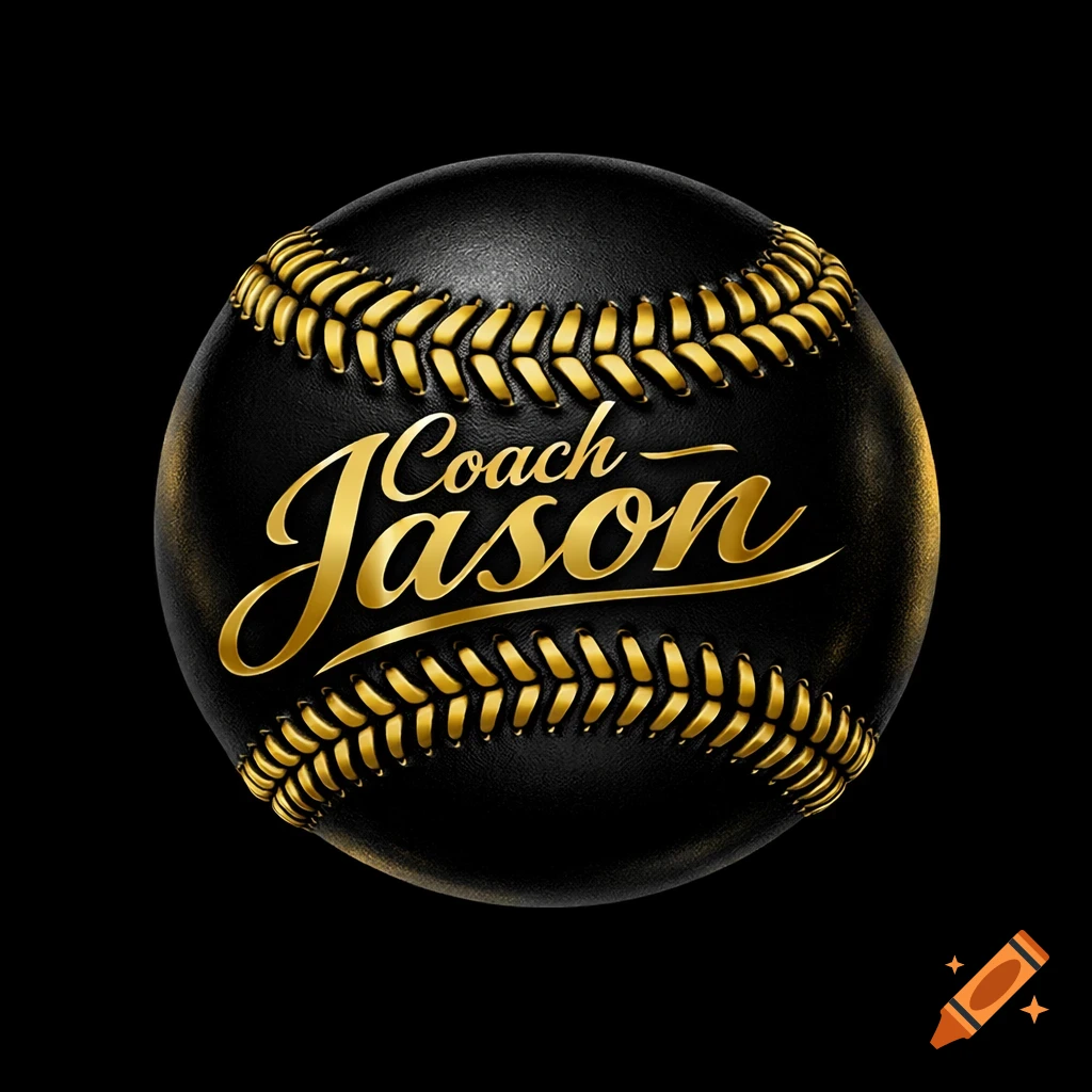 A black baseball with golden stitching and the name "Coach Jason" in gold script text on a black background.