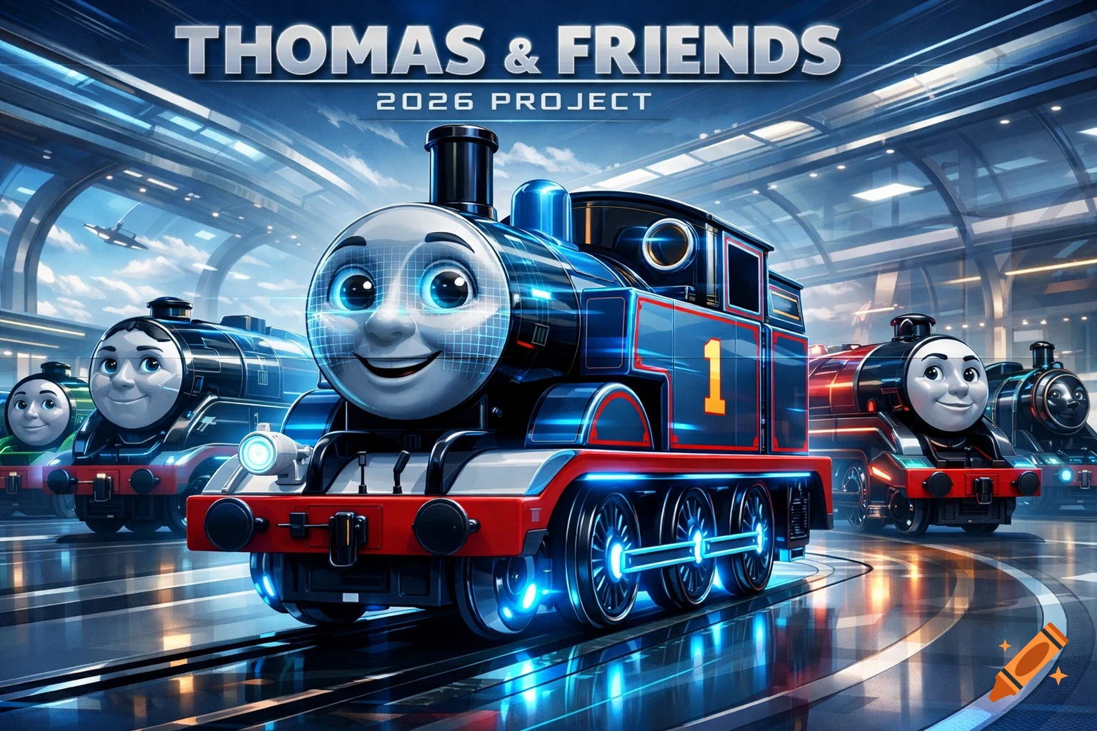 Thomas the Tank Engine and friends, depicted as futuristic trains with glowing blue accents, in a sleek modern station.