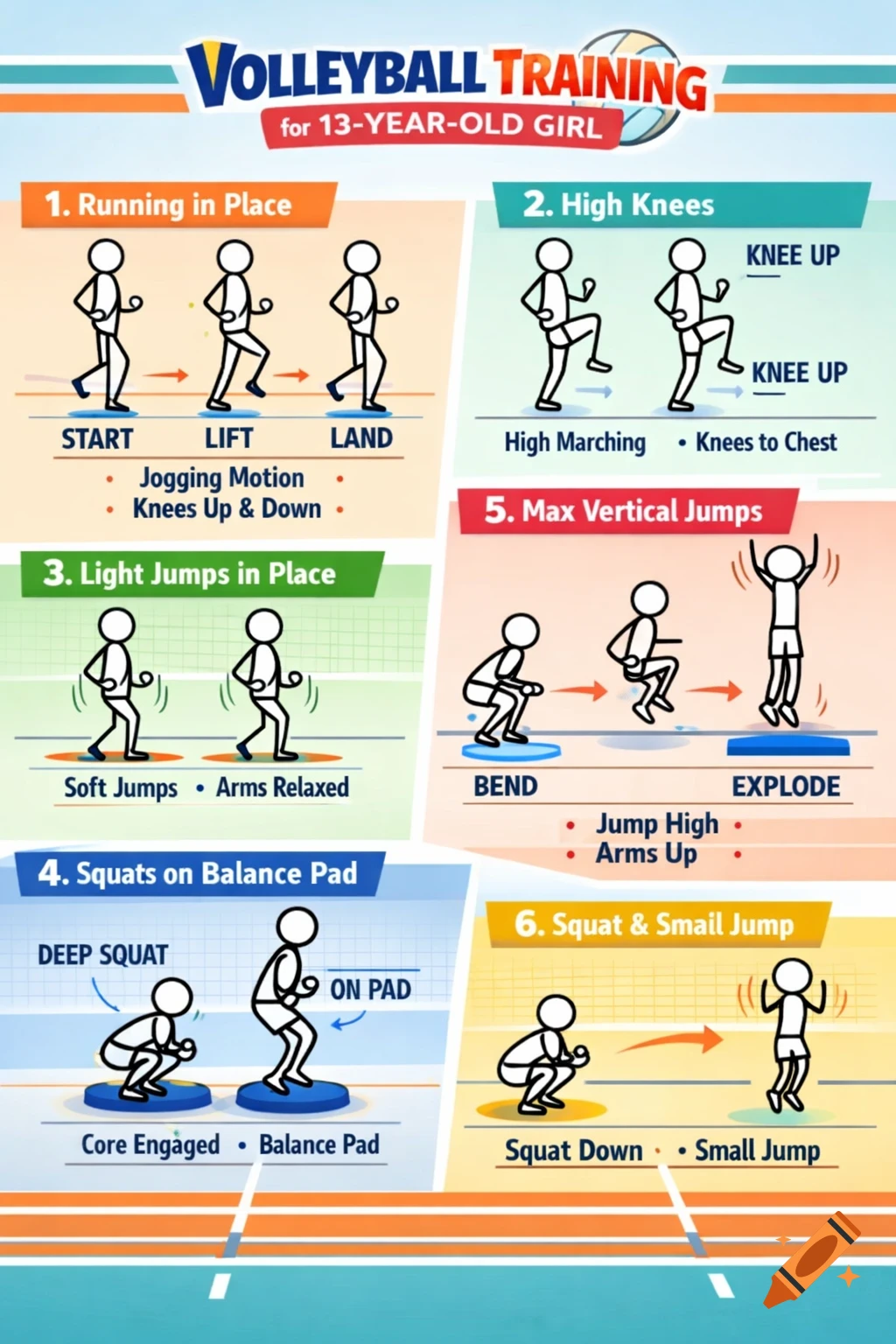 An infographic showing 6 volleyball training exercises for a 13-year-old girl, illustrated with stick figures.
