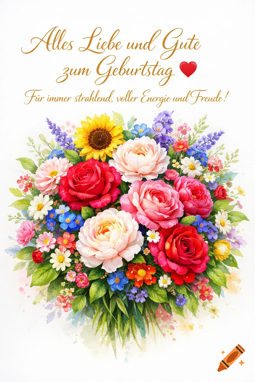 Vibrant watercolor bouquet of various flowers including roses and sunflowers, with a German birthday greeting on a white background.