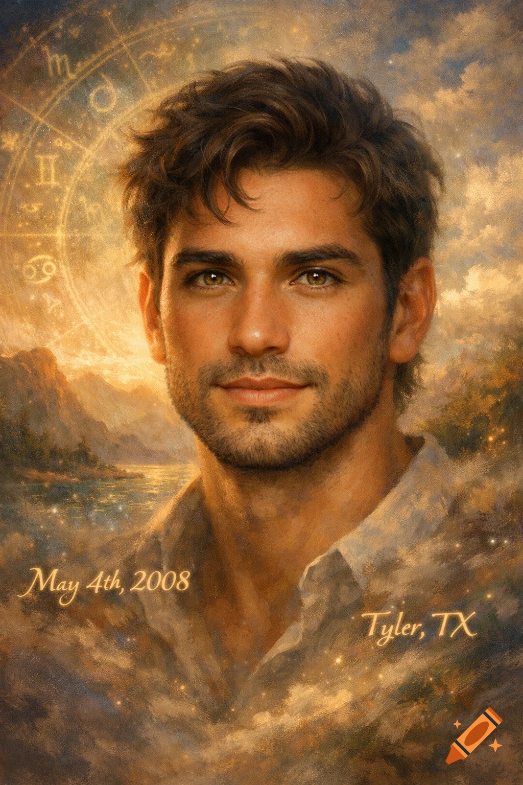Painterly portrait of a man with dark hair and light beard, set against a golden, cloudy sky with zodiac symbols and mountains. Text reads "May 4th, 2008" and "Tyler, TX".